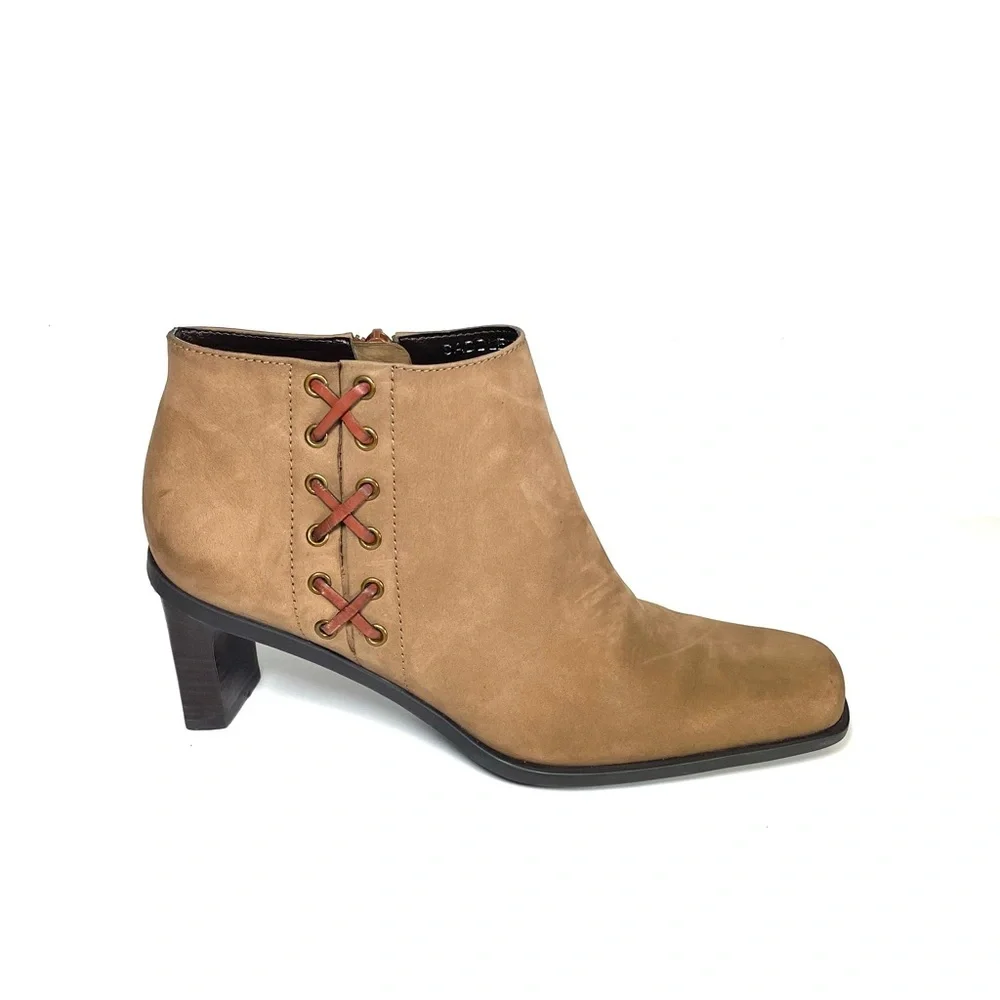 Etienne Aigner Saddle Ankle Boots‎ Square Toe Brown Leather Zip Up Size 8M